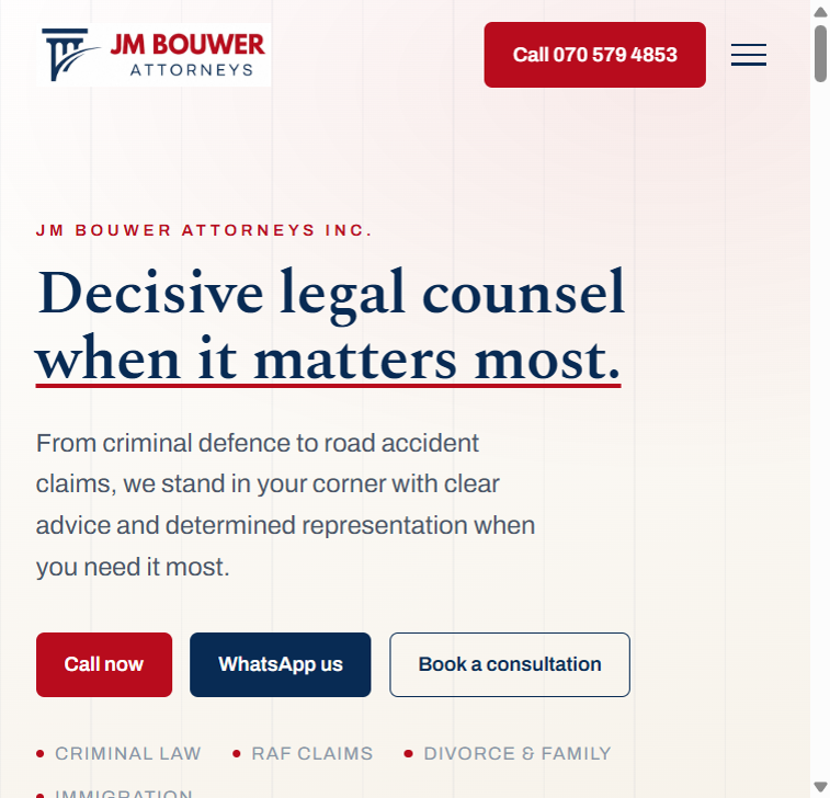 JM Bouwer Attorneys website preview